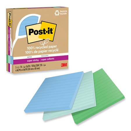 POST-IT Recycled Paper Super Sticky Notes, Ruled, 4 in. x 4 in., Oasis, 70 Sheets/Pad, 3PK 70007079943
